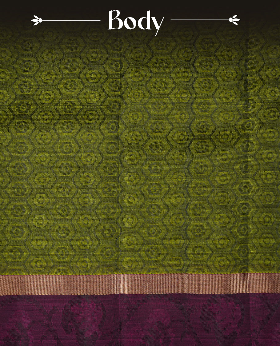 Olive green colour soft silk saree featuring Antique zari geometric motifs on the body, complemented by a contrast Purple zari border and pallu, paired with a matching blouse piece.
