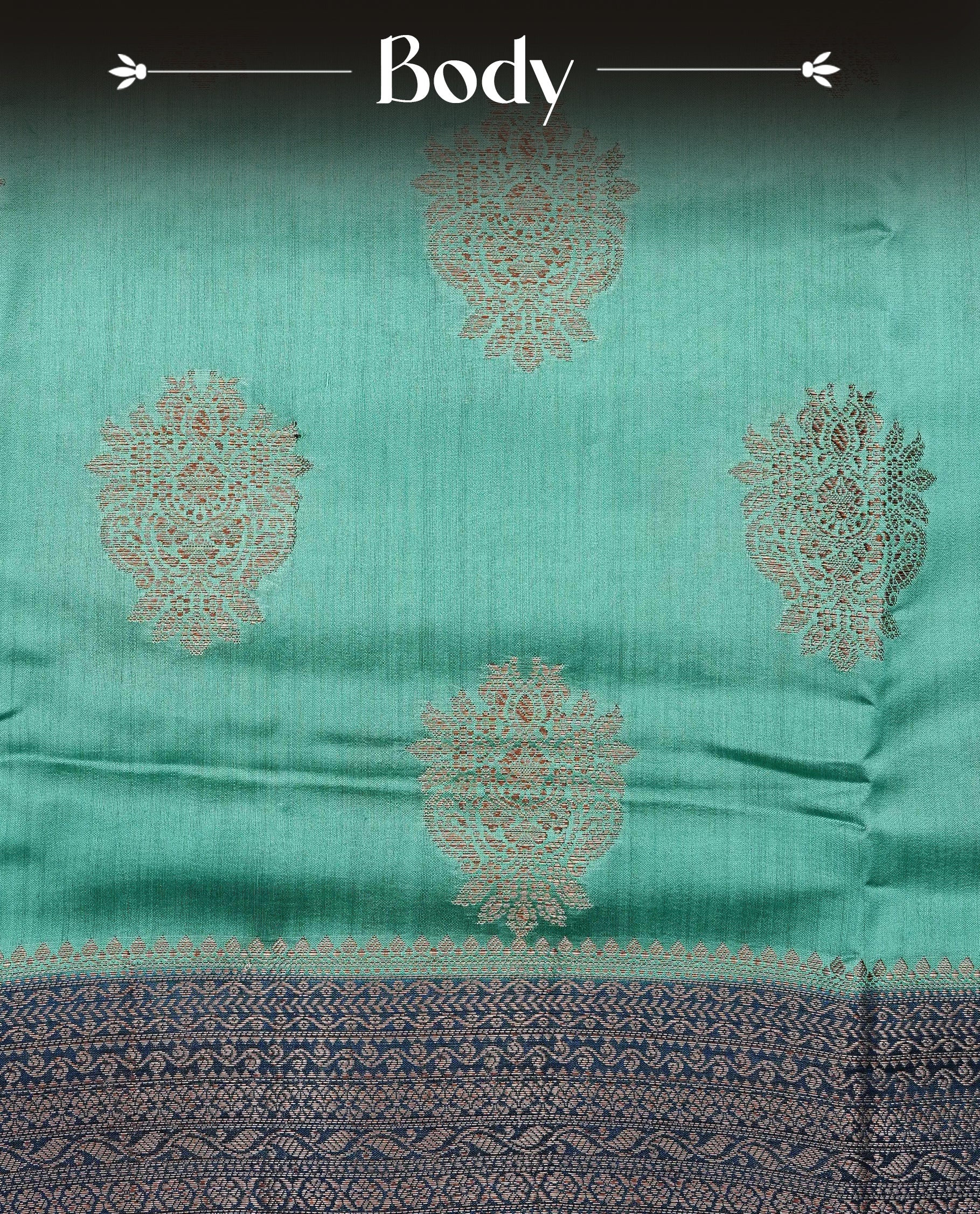 Pastel Aqua Green Colour Tussar Silk saree with elegant antique zari floral motifs On Body, a contrasting Peacock blue zari border, a rich zari pallu, Paired With a matching  blouse piece.
