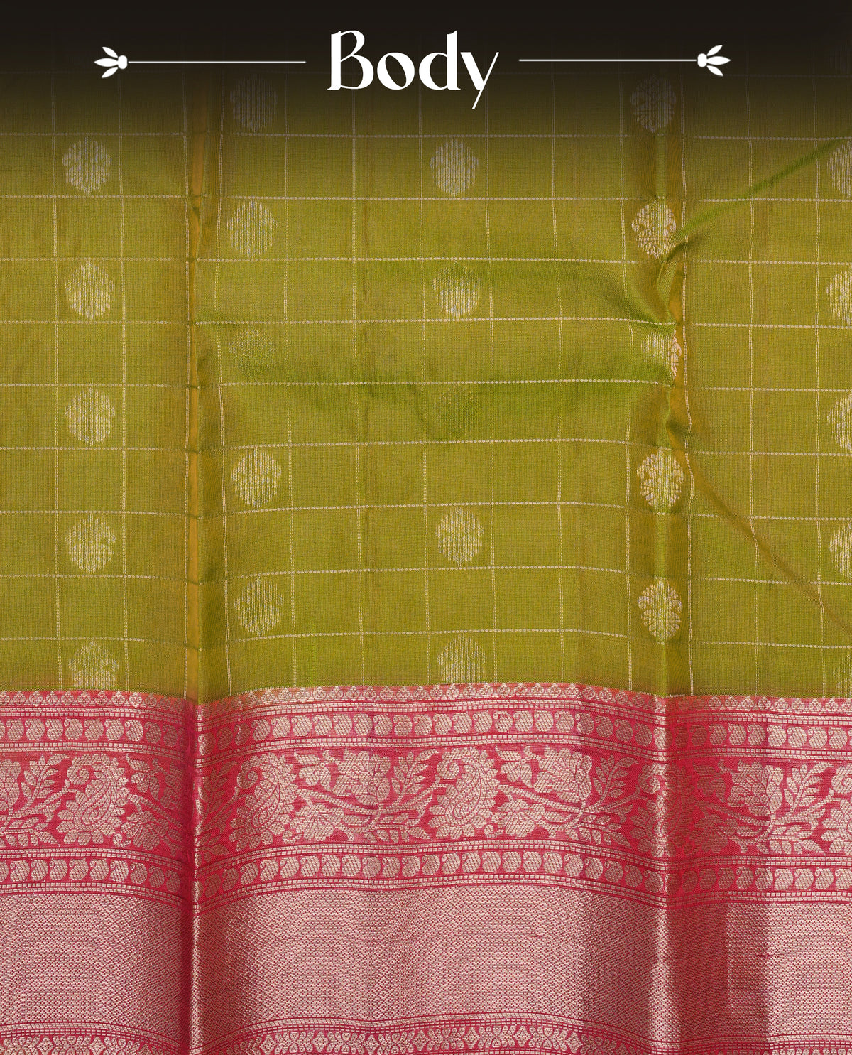 Olive green Colour Traditional Kancheepuram Silk Saree with Gold Zari Checks and Motifs on the Body, Enhanced with a Contrast Red Colour with Grand Gold Zari  Border and Rich Pallu, Paired with a Matching Blouse Piece.