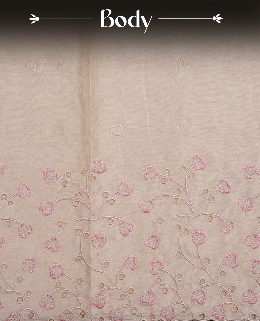 Beige colour Tussar silk saree featuring Elegant plain body, highlighting Pink colour thread floral kodi worked scalp border, pallu and paired with matching blouse piece.