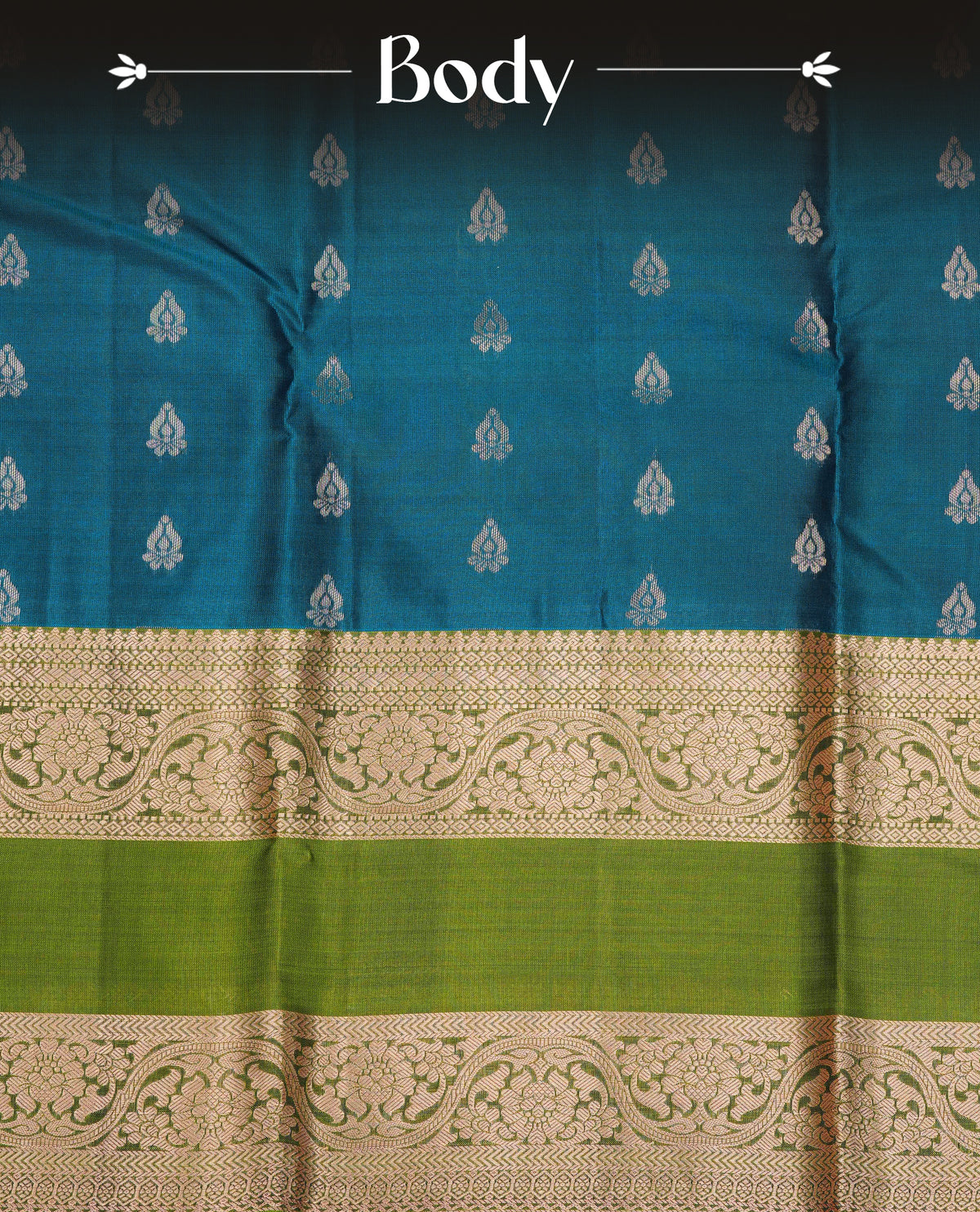 Teal Blue colour Traditional Kancheepuram Silk Saree with Elegant Gold Zari Buttas on the Body, Enhanced with a Contrast Green Colour  with Gold Zari Border and Rich Pallu, Paired with a Matching Blouse Piece.