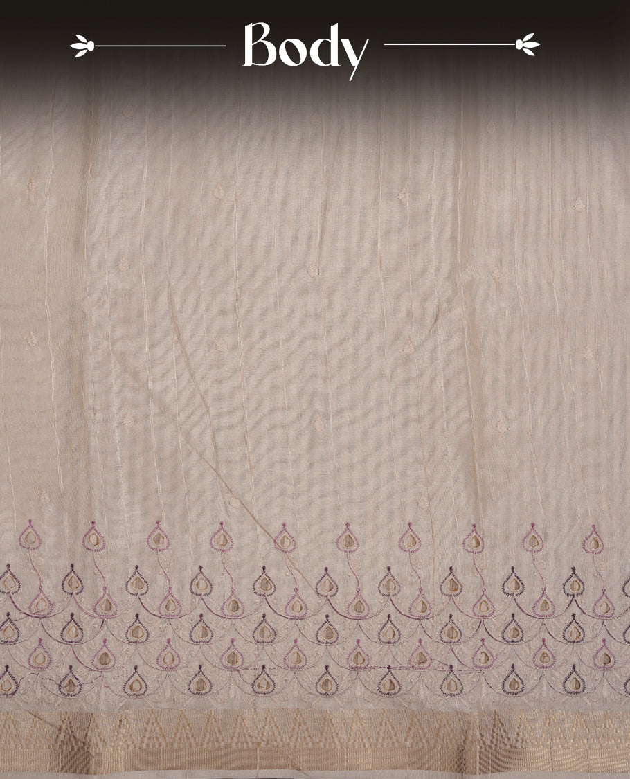 Beige colour Tussar silk saree featuring Elegant plain body, highlighting Purple colour cut work with Light gold zari border, pallu and paired with matching blouse piece.