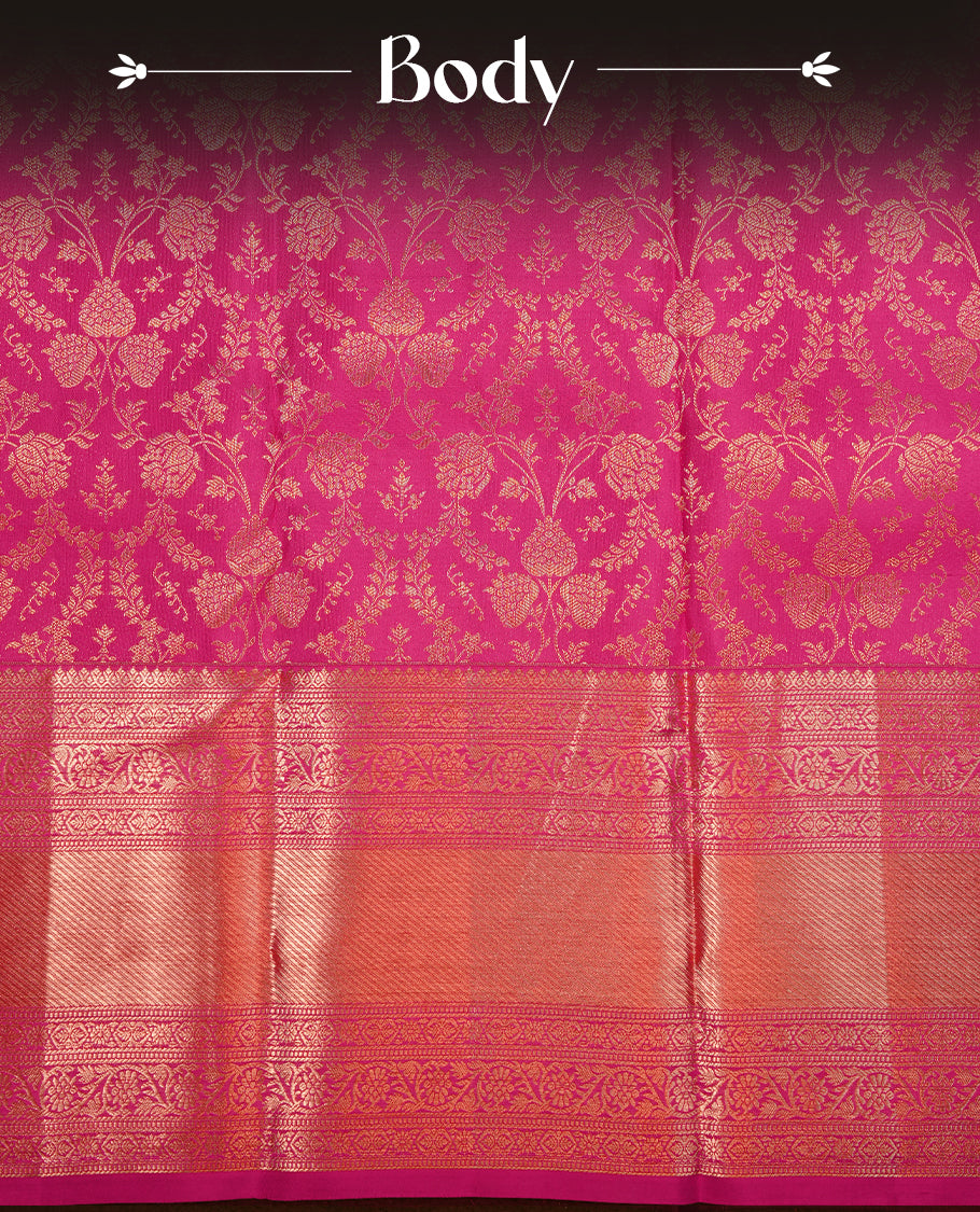 Rani pink colour kancheepuram silk saree featuring gold zari floral kodi pattern on body, complemented by self colour with traditional border, paired with matching blouse piece.