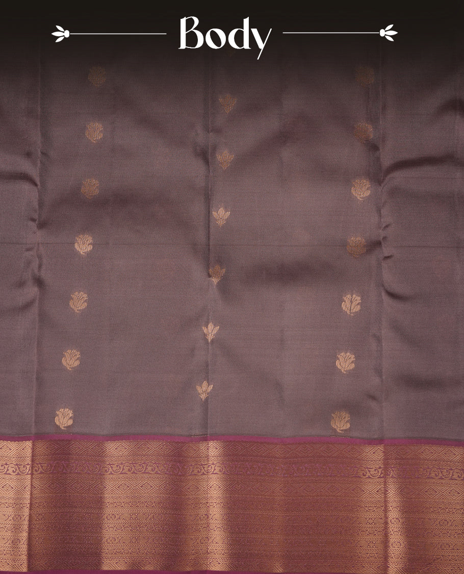 French lilac colour soft silk saree featuring gold zari motifs on the body, complemented by a contrast Magenta traditional zari border and pallu, paired with matching blouse piece.