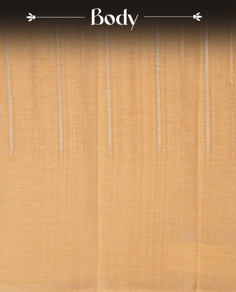 Cream colour semi tussar silk saree highlights gold and silver zari stripes across body,  border, pallu and paired with matching blouse piece.