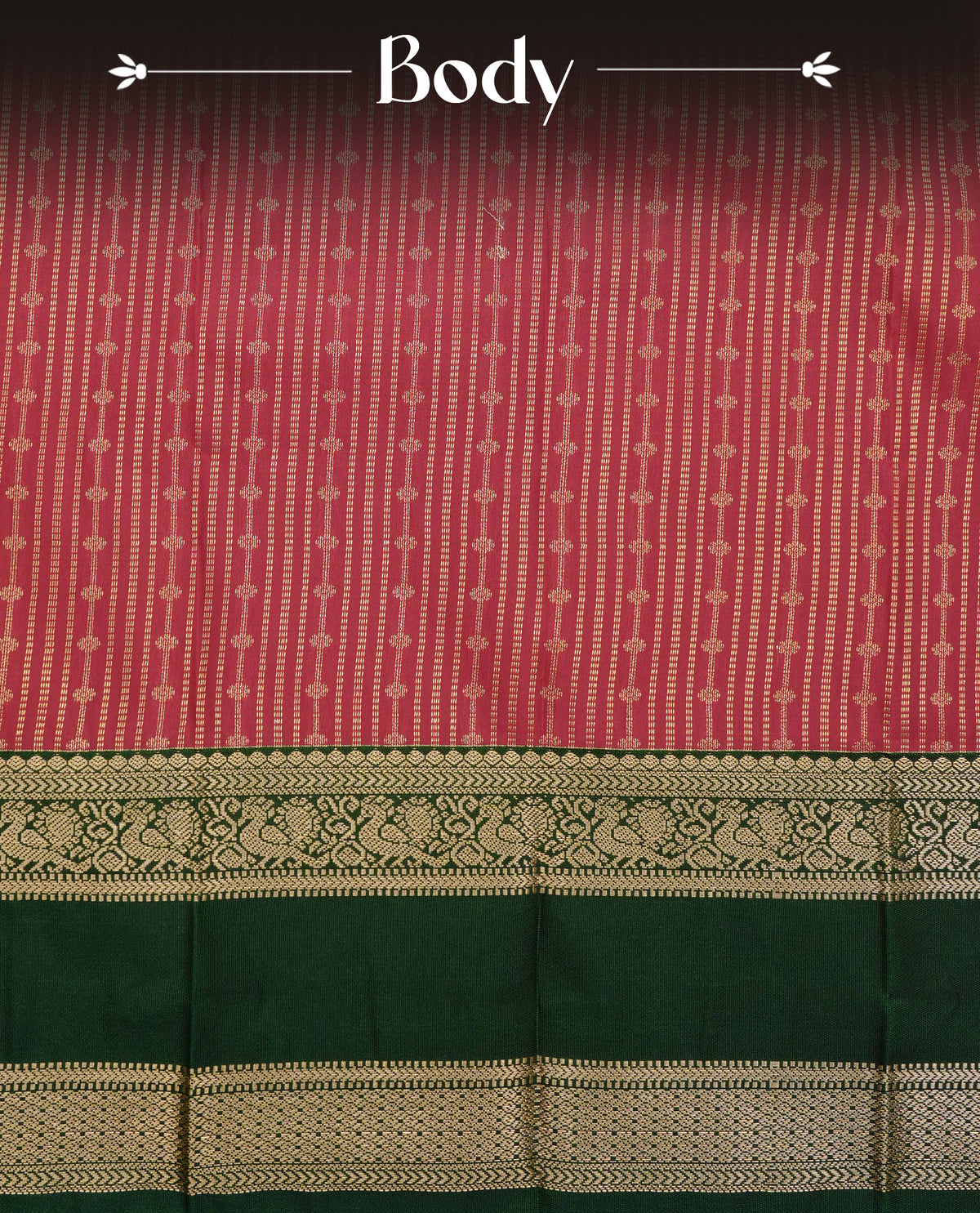 Maroon colour soft silk saree featuring gold zari stripes with buttas on body, contrast dark forest colour gold zari peacock & traditional border, grand pallu comes with matching blouse piece.