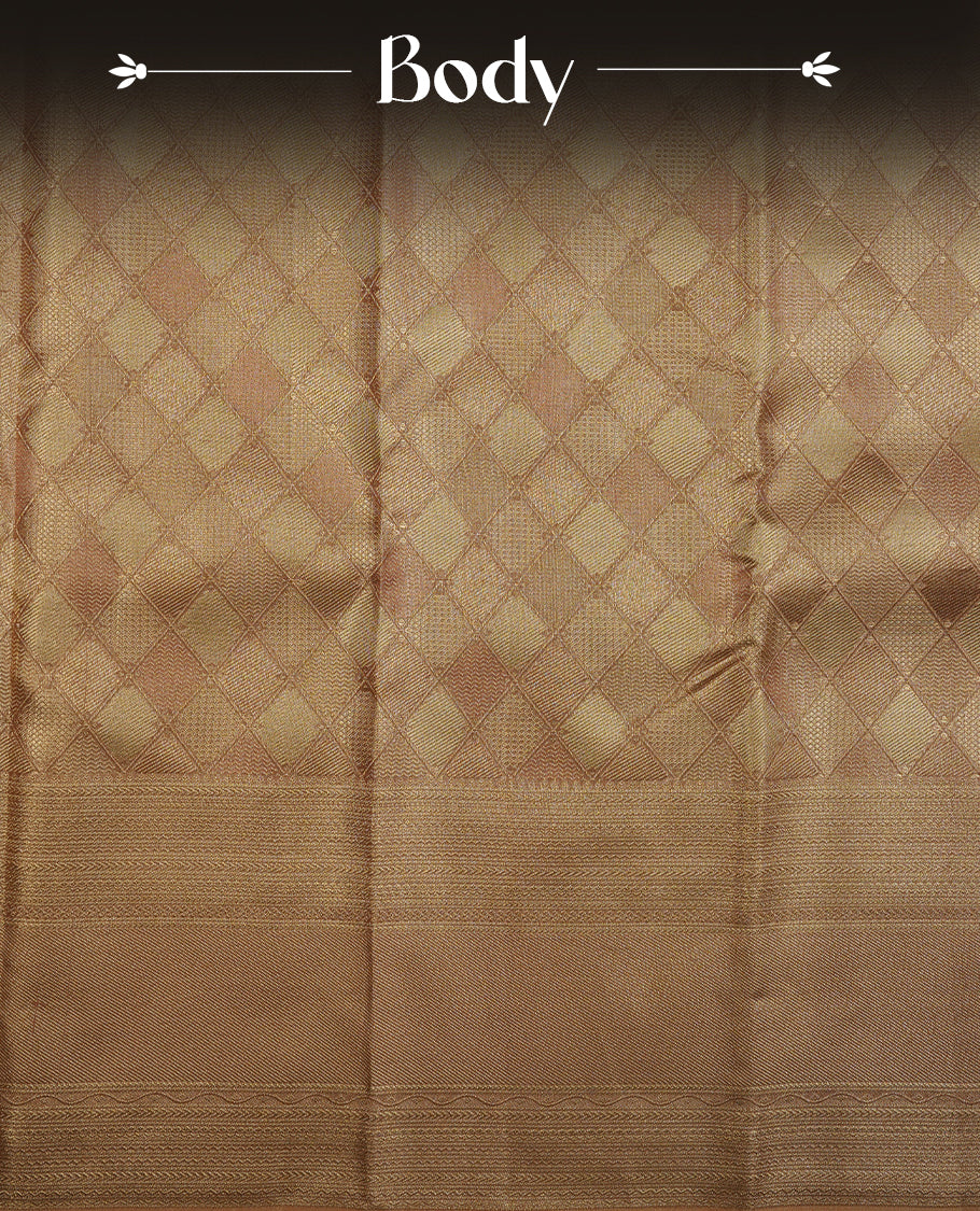 Gold colour kancheepuram tissue silk saree highlighting gold Geometric zari pattern body, with contrast traditional border and paired with matching blouse.