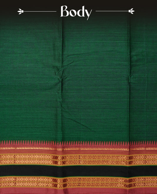 Bottle Green colour Narayanapattu cotton saree with a plain body, complemented by a maroon colour with gold zari border & contrast pallu, paired with a matching blouse piece.