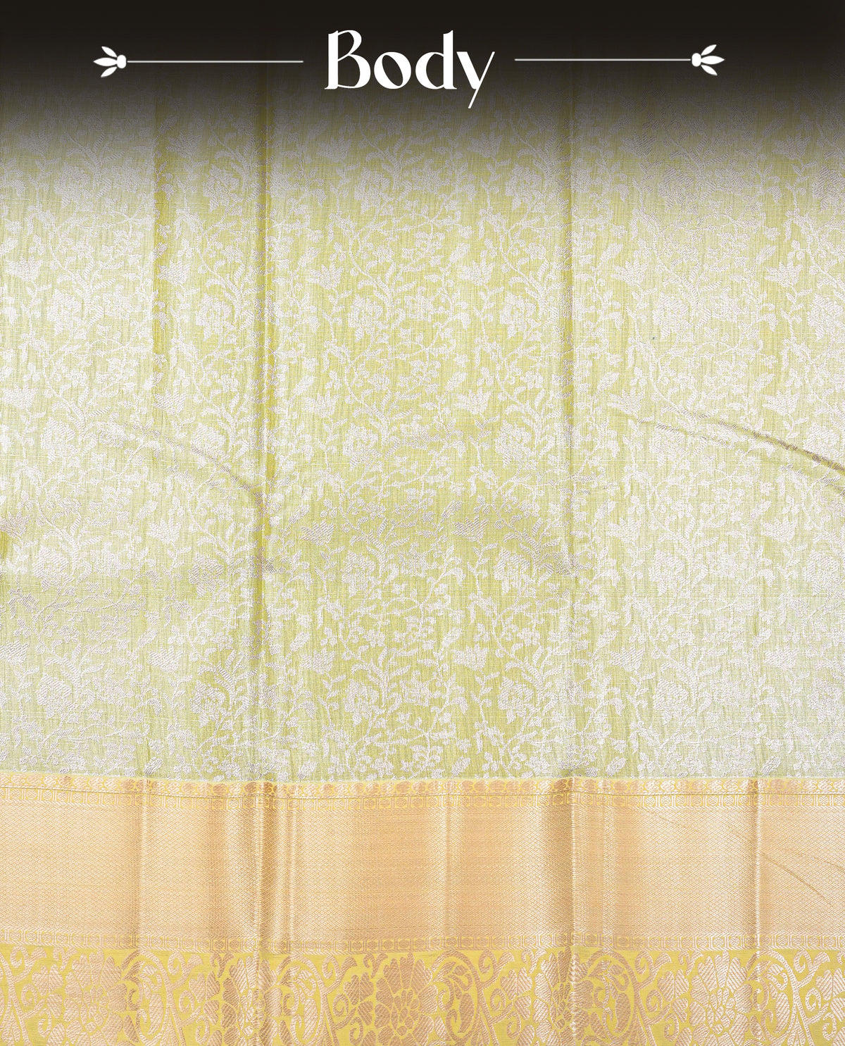 Pale Yellow colour Semi tissue silk saree featuring Silver zari kodi floral motifs on body, Self colour with traditional border, paired with matching blouse piece.