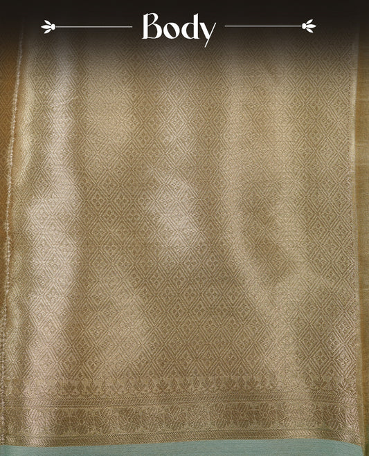 Aqua & gold double shade pure banaras tissue silk saree featuring elegant plain body, complemented by contrast pastel aqua colour gold zari border, paired with matching blouse piece.