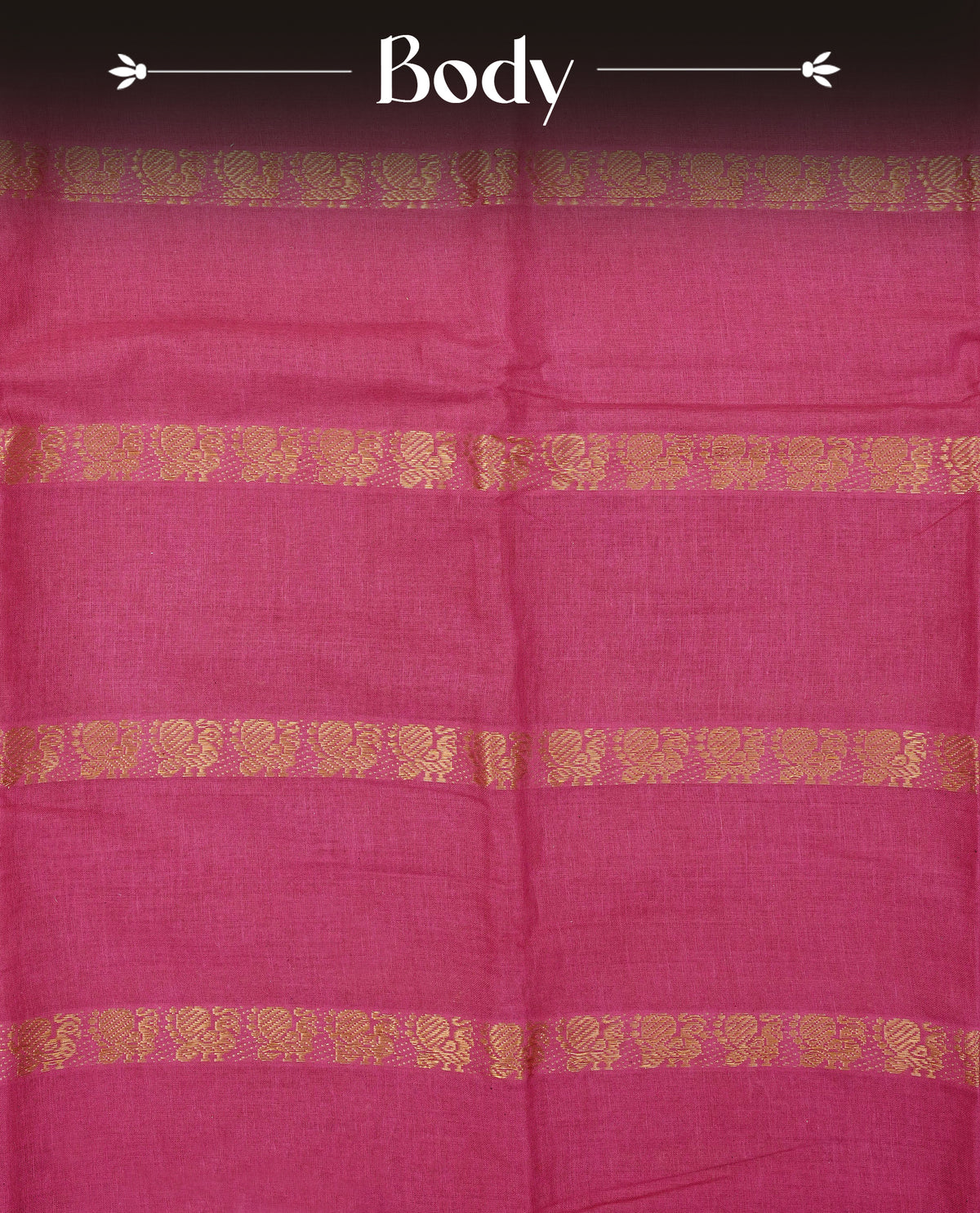 Magenta Colour Sungudi Cotton Saree with peacock gold zari stripes on the body, a matching gold zari border, and a striped gold zari pallu. Paired with a contrast Brown blouse piece  featuring gold zari work.