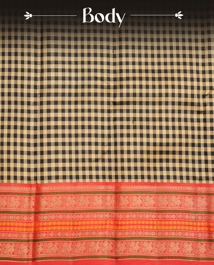 Black & beige colour traditional kancheepuram silk saree featuring check pattern on body, complemented by contrast multicolour with gold zari traditional border, paired with matching blouse piece.