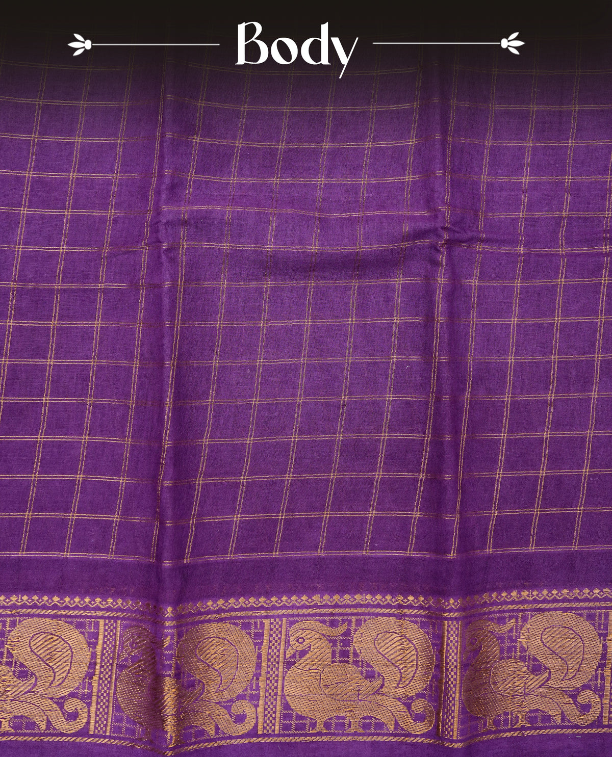 Violet Sungudi cotton saree featuring elegant gold zari checks across the body, complemented by a rich gold zari peacock border. Paired with a matching blouse piece