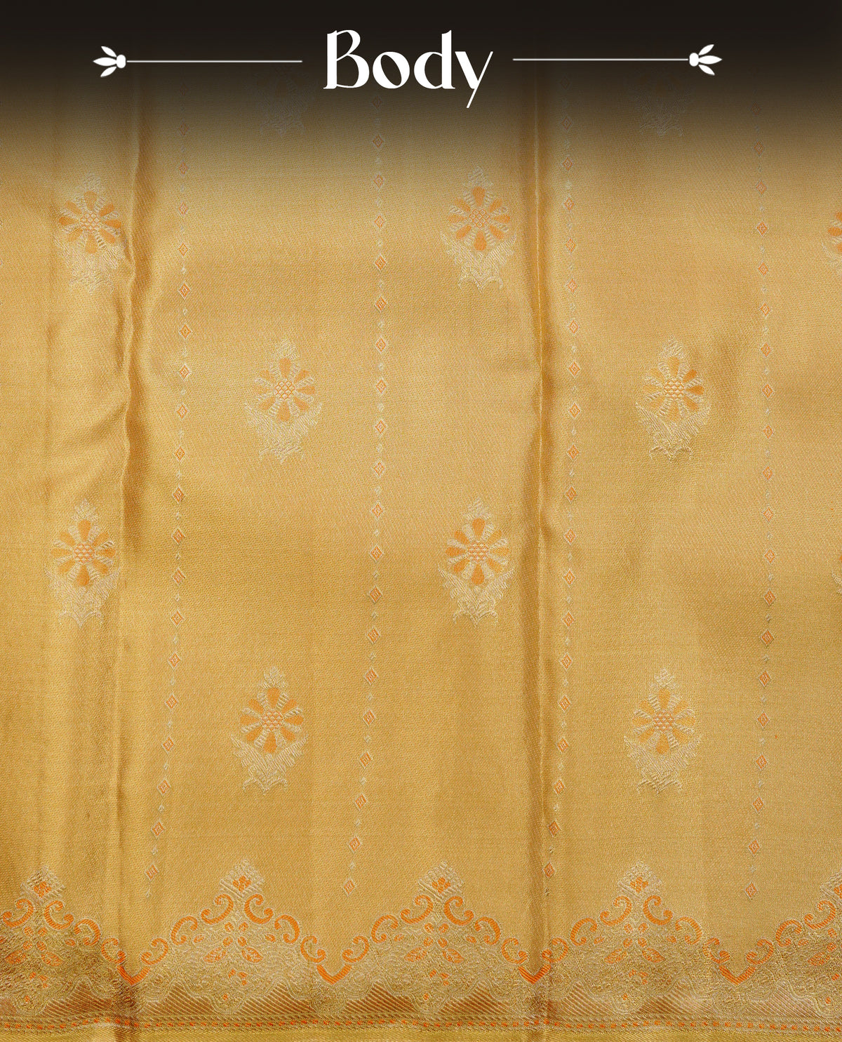 Gold colour pure tissue silk saree featuring orange doted stripes & motifs on body, complemented by self colour with simple border, comes with matching blouse piece.
