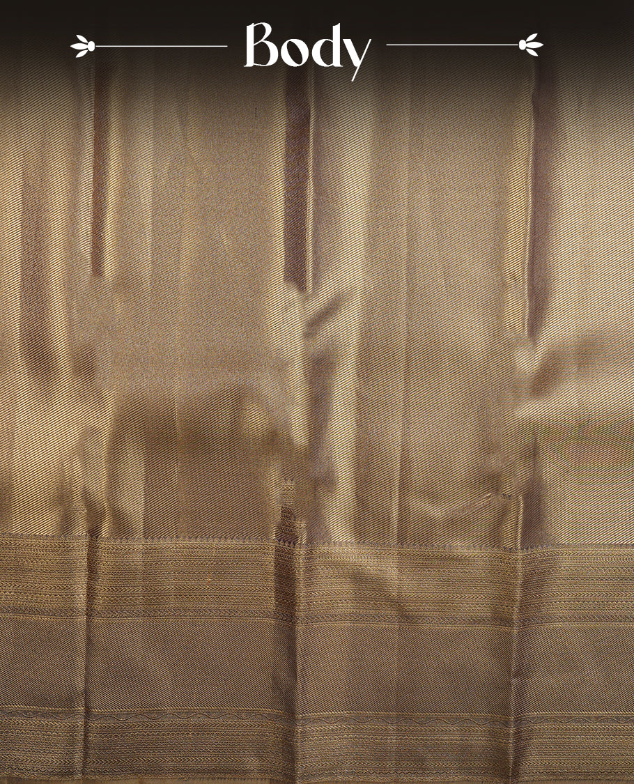 Purple & gold double shade colour kancheepuram tissue silk saree highlighting gold stripped zari pattern body, with self colour colour with traditional border and paired with matching blouse.