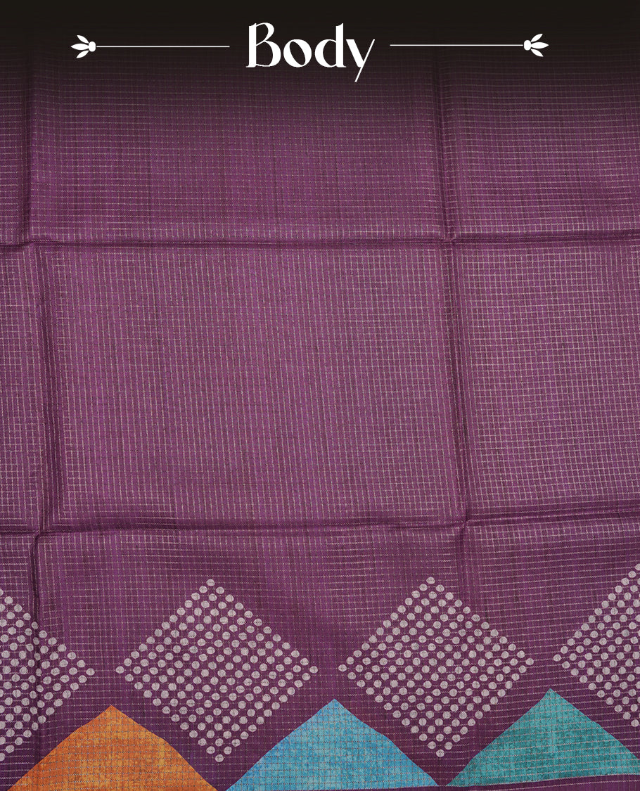 Purple colour semi tussar silk saree featuring zari check pattern across body, self colour border and geometric pattern pallu, paired with matching blouse piece.