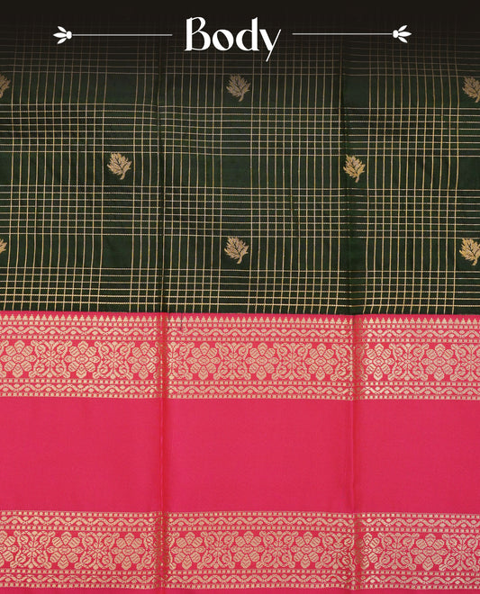 Dark green colour soft silk saree featuring gold zari checks with floral motifs on body, contrast Rani pink colour gold zari traditonal border, grand pallu comes with matching blouse piece.