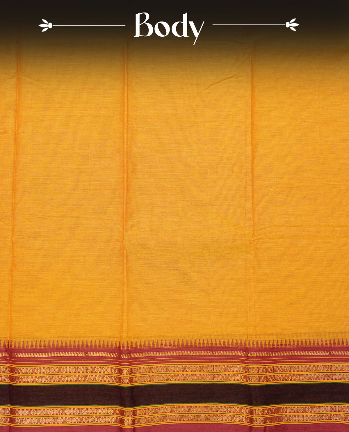 Mustard Yellow colour Narayanapattu cotton saree with a plain body, complemented by a Maroon colour with gold zari border & contrast pallu, paired with a matching blouse piece.
