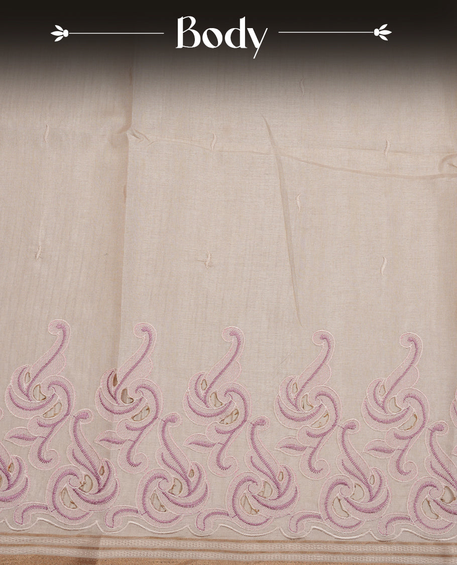 Beige colour Tussar silk saree featuring Elegant plain body, highlighting Pink colour cut work with gold zari border, pallu and paired with matching blouse piece.