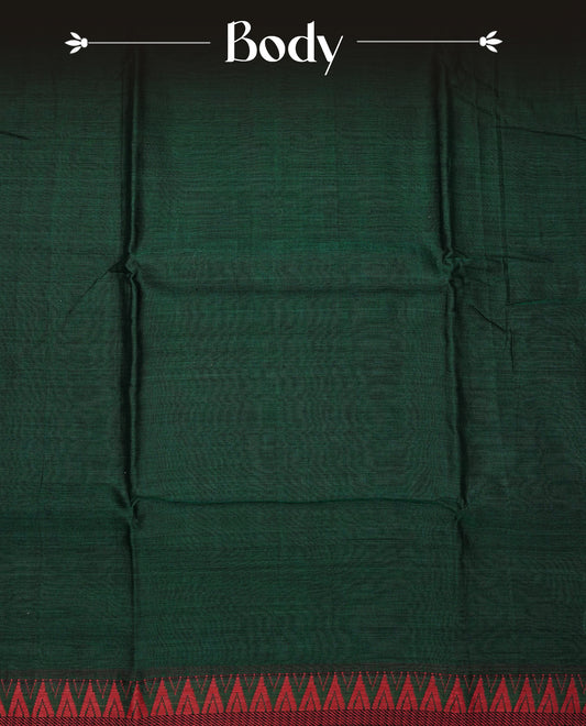 Bottle green colour Narayanapattu cotton saree with a plain body, complemented by a Maroon colour with red temple designed border & contrast pallu, paired with a matching blouse piece.