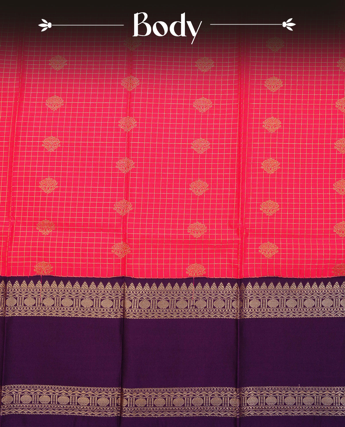 Rani pink colour soft silk saree featuring gold zari checks with buttas on body, contrast dark purple colour gold zari traditional border, grand pallu comes with matching blouse piece.