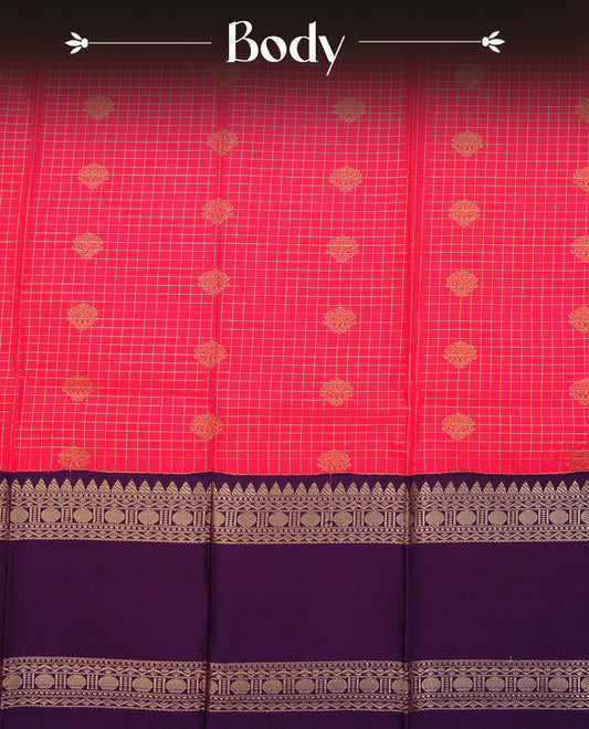 Rani pink colour soft silk saree featuring gold zari checks with buttas on body, contrast dark purple colour gold zari traditional border, grand pallu comes with matching blouse piece.