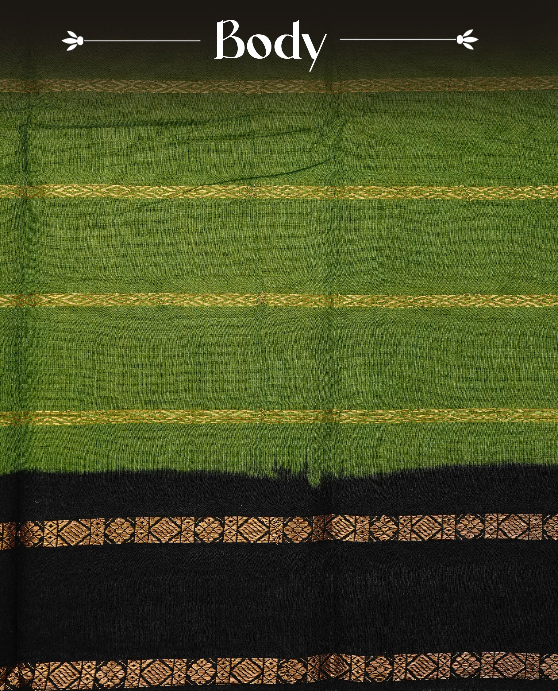 Green Sungudi cotton saree featuring elegant gold zari stripes on the body, complemented by a contrast black with gold zari border and pallu, paired with a matching blouse piece