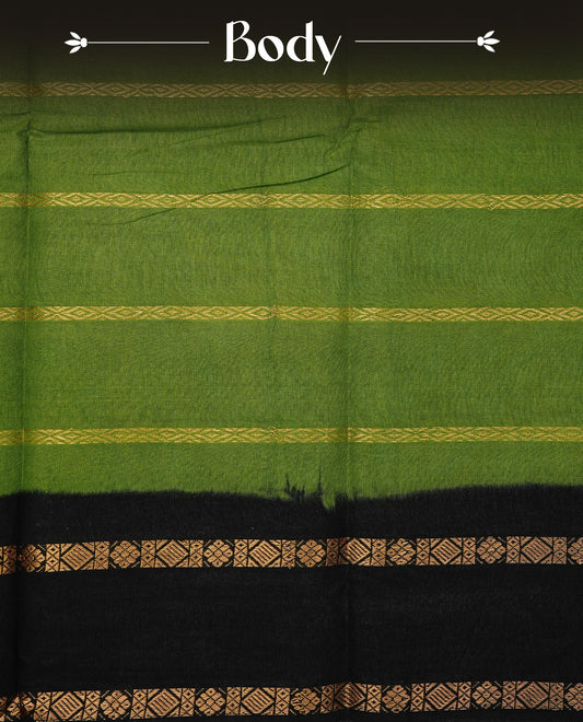 Green Sungudi cotton saree featuring elegant gold zari stripes on the body, complemented by a contrast black with gold zari border and pallu, paired with a matching blouse piece