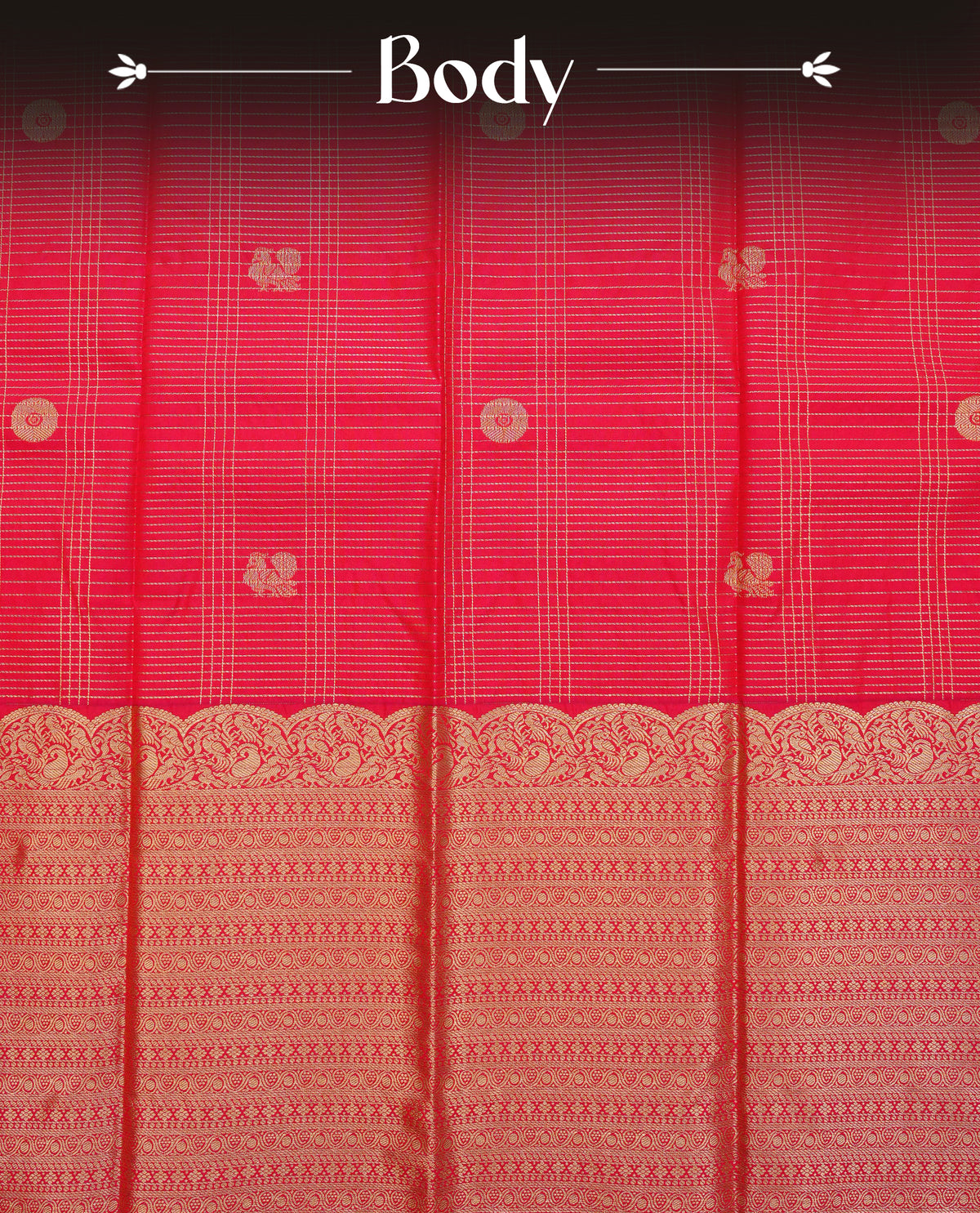 Reddishpink colour soft silk saree featuring gold zari stripes with peacock & chakra mtifs on body, contrast self colour gold zari peacock & traditional border, grand pallu comes with matching blouse piece.
