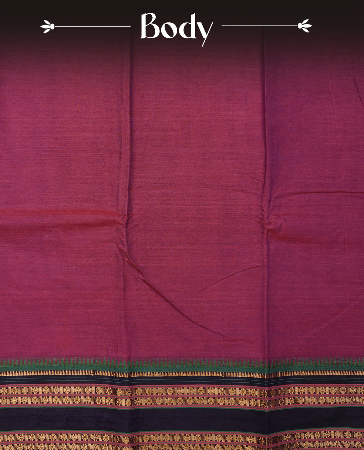Dark magenta colour Narayanapattu cotton saree with a plain body, complemented by a green colour with gold zari border & contrast pallu, paired with a matching blouse piece.