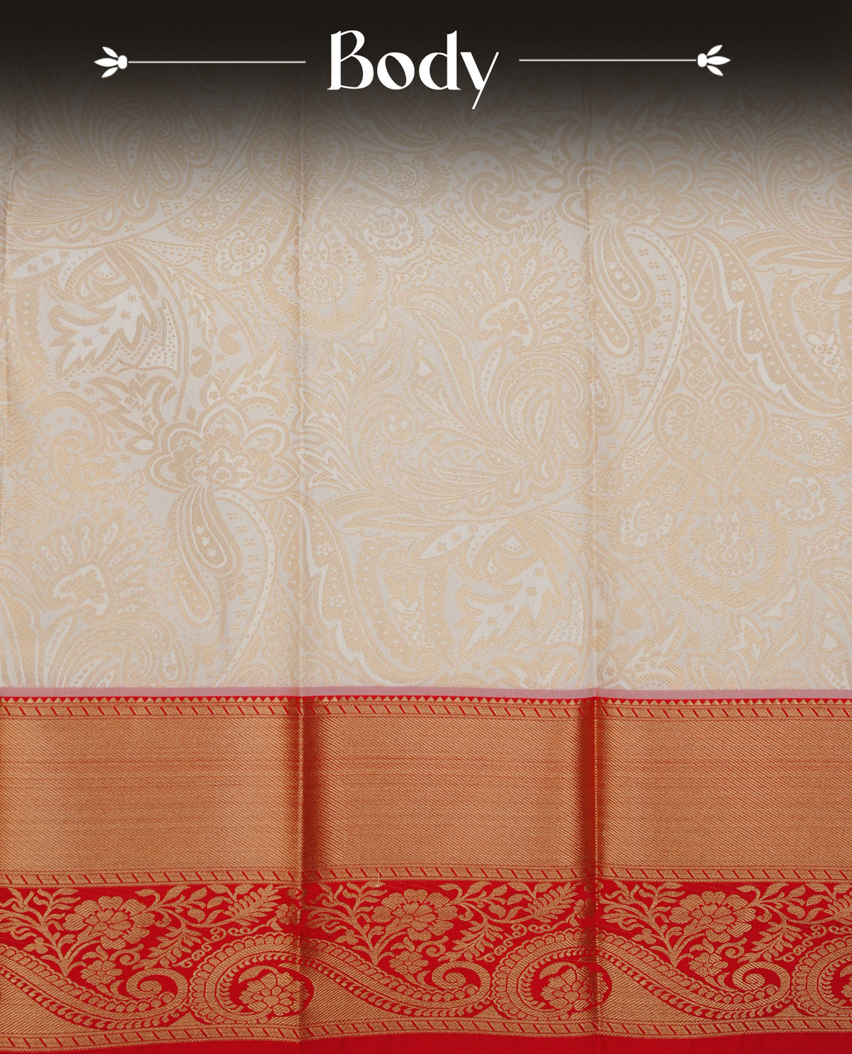 Off white colour silk saree featuring gold zari floral patterns on body, contrast red with gold zari traditional border, contrast grand pallu comes with matching blouse piece .