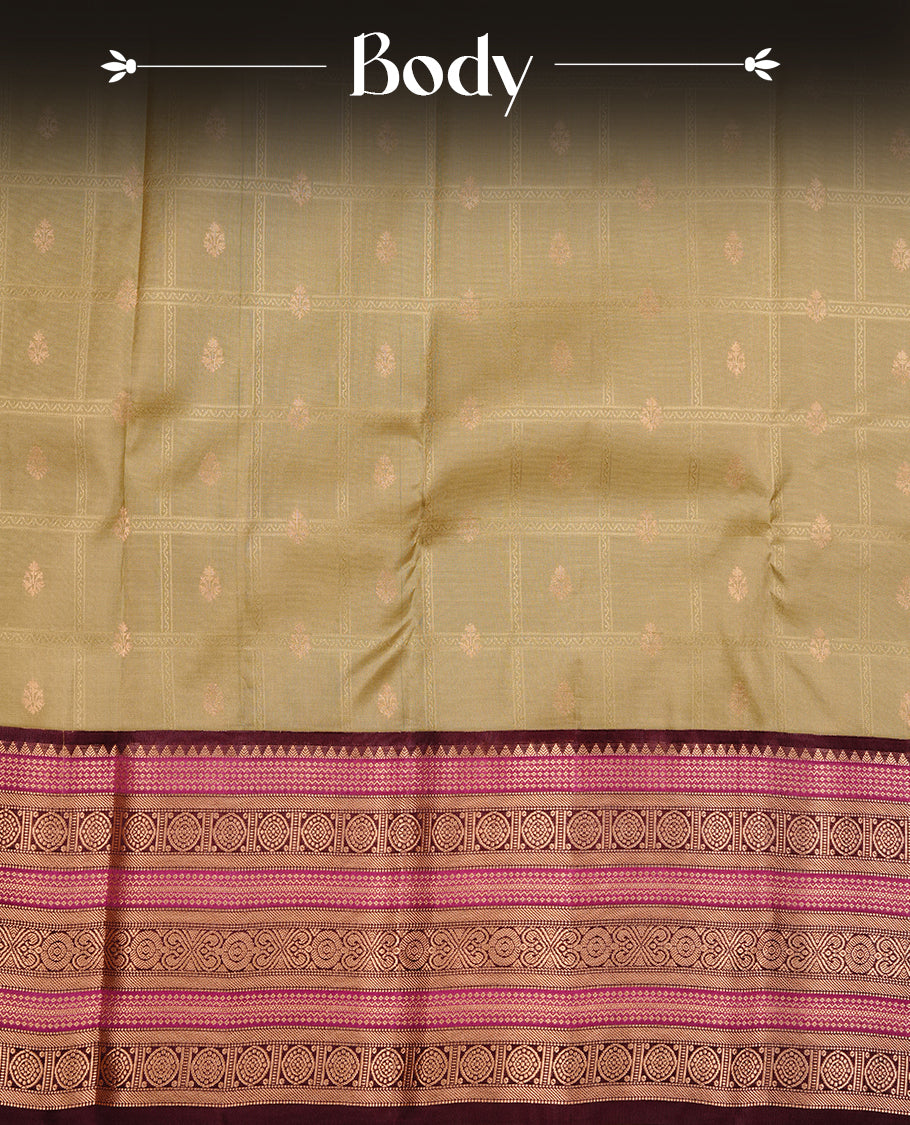Spanish olive colour traditional kancheepuram silk saree featuring gold zari check pattern on body, complemented by contrast Maroon & magenta colour with gold zari traditional border, paired with matching blouse piece.