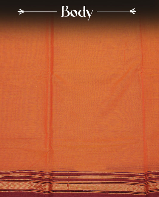 Orange colour Narayanapattu cotton saree with a plain body, complemented by a Maroon colour with elegant gold zari detailing border & contrast striped pallu, paired with a matching blouse piece.