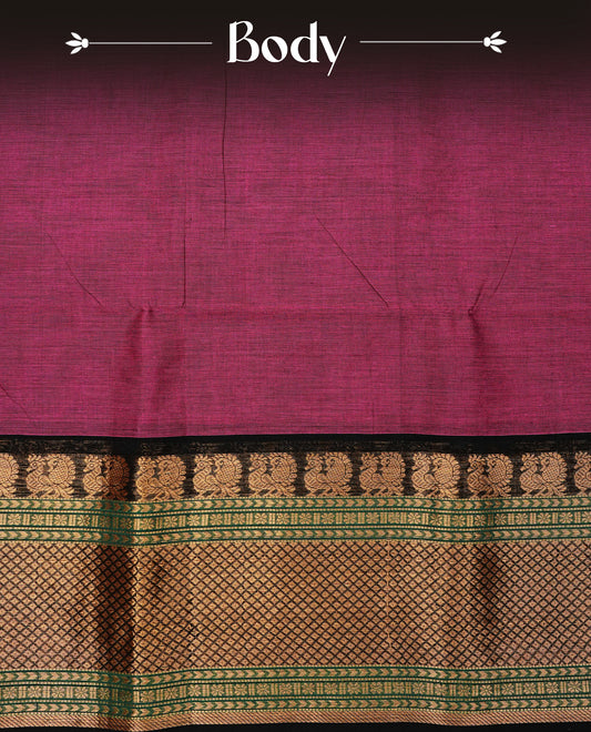 Magenta Colour Chettinad Cotton Saree with a plain body, contrast Black & green colour with grand gold zari border, Paired with a matching blouse piece.