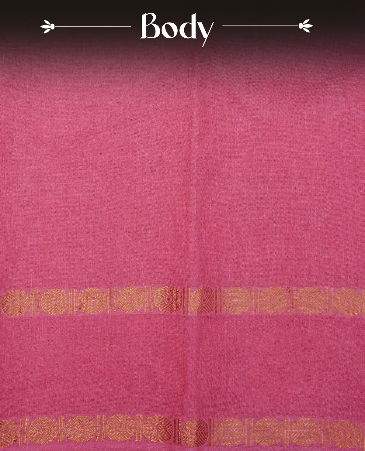 Pink  Colour  Sungudi Cotton Saree with gold zari motifs on the body, a matching gold zari border, and a plain pallu. Paired with a contrast Dark Chocolate Brown colour  blouse piece  featuring a gold zari peacock border.