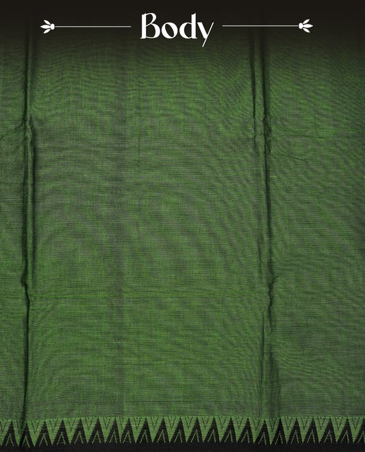 Green colour Narayanapattu cotton saree with a plain body, complemented by a Black colour with Black temple designed border & contrast pallu, paired with a matching blouse piece.