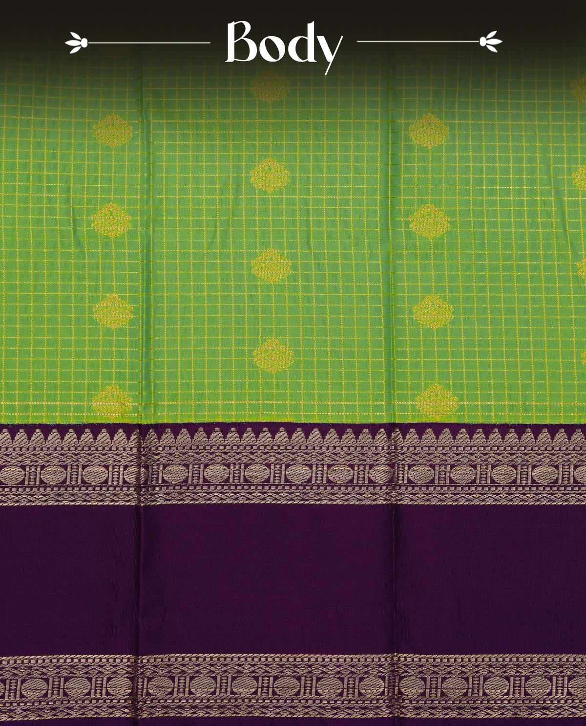 Light green colour soft silk saree featuring gold zari checks & motifs on body, contrast purple colour traditional border, grand pallu comes with matching blouse piece.