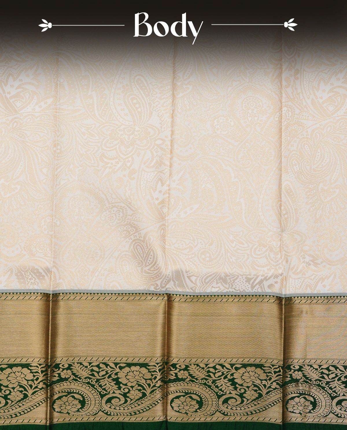 Off white colour silk saree featuring gold zari floral patterns on body, contrast dark green with gold zari traditional border, contrast grand pallu comes with matching blouse piece .