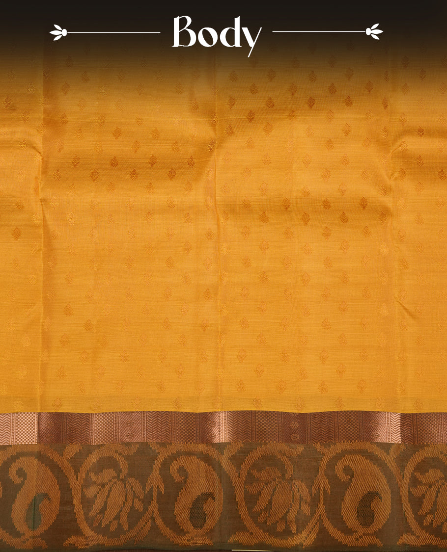 Yellow colour soft silk saree featuring stripes on the body, complemented by a contrast Green zari border and pallu, paired with matching blouse piece.