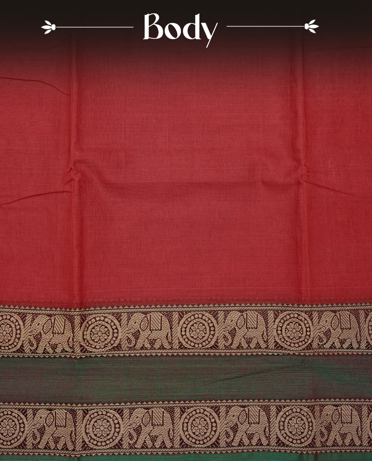 Red Colour  Narayanapattu Cotton Saree featuring a plain body , beautifully complemented by a Green border with maroon & beige colour elephant designs, Contrast pallu, paired with a matching blouse piece.