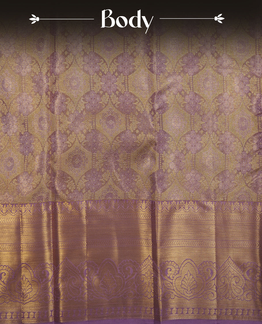 Lavender & gold double shade colour kancheepuram tissue silk saree highlighting gold zari pattern body, with contrast Lavender colour colour with traditional border and paired with matching blouse.