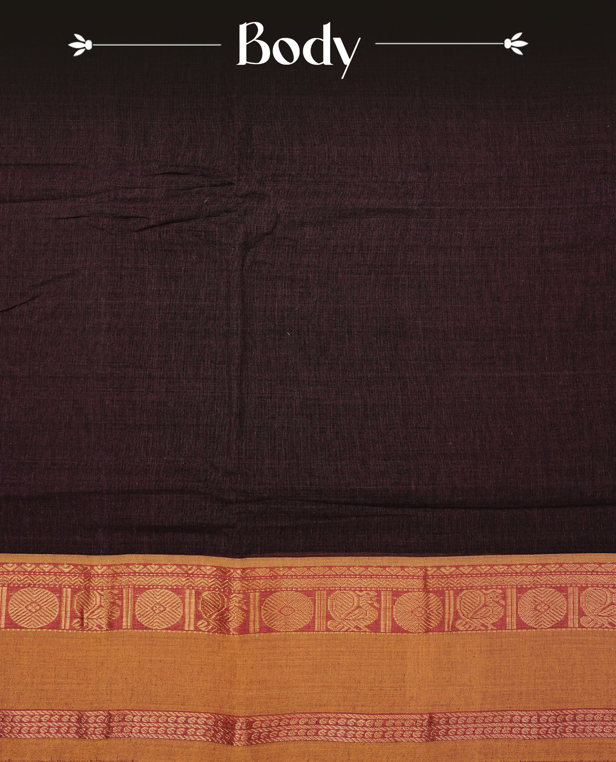 Dark Wine colour Narayanapattu cotton saree with a plain body, complemented by a Mustard Colour with Gold zari border & contrast pallu, paired with a matching blouse piece.