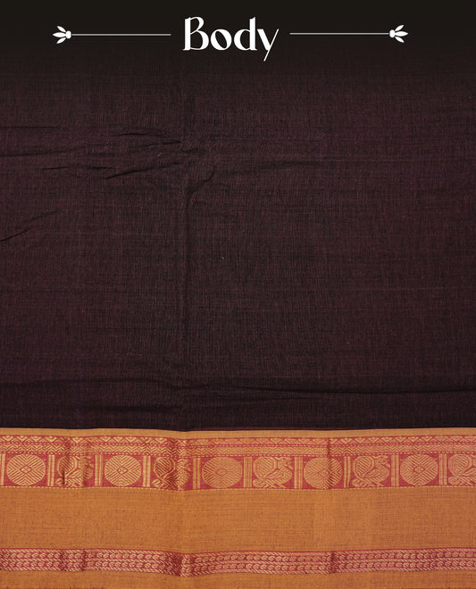 Dark Wine colour Narayanapattu cotton saree with a plain body, complemented by a Mustard Colour with Gold zari border & contrast pallu, paired with a matching blouse piece.