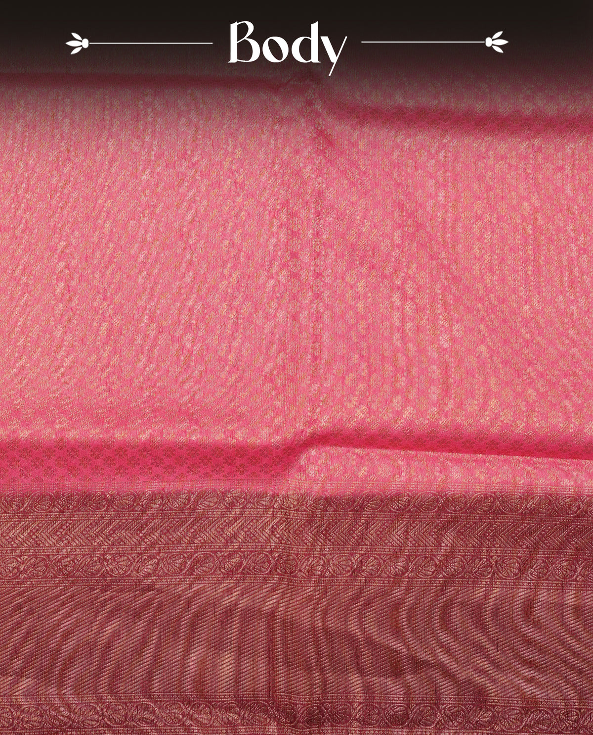 Pink colour softie silk saree featuring gold zari, rich pallu floral pattern brocade body, with contrasting maroon colour border.paired with matching blouse piece.