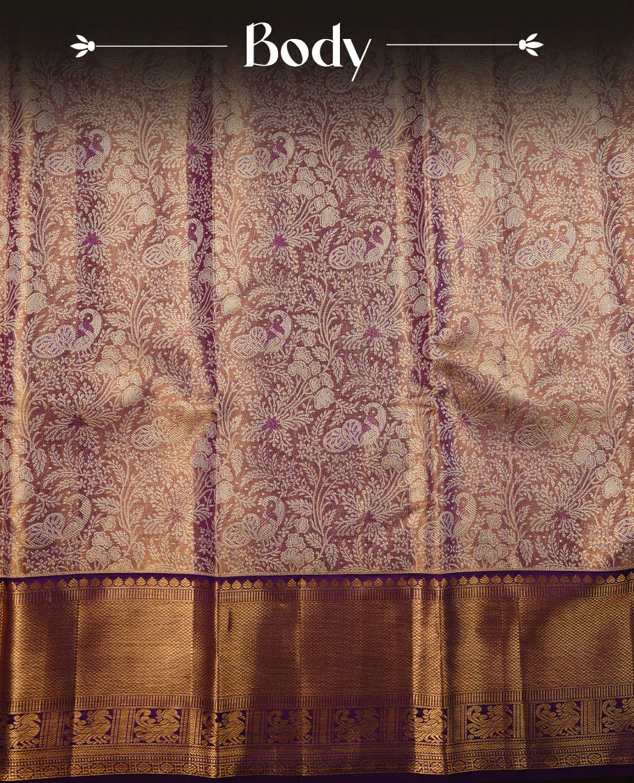 Gold & indigo double shade colour kancheepuram tissue silk saree featuring gold zari floral kodi pattern on body, complemented by contrast indigo colour with traditional border, paired with matching blouse piece.