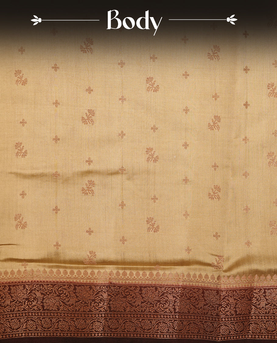 Dark Beige colour Pure banaras soft silk saree featuring Antique zari motifs on body, contrast Chocolate colour border , traditional pallu and paired with matching blouse