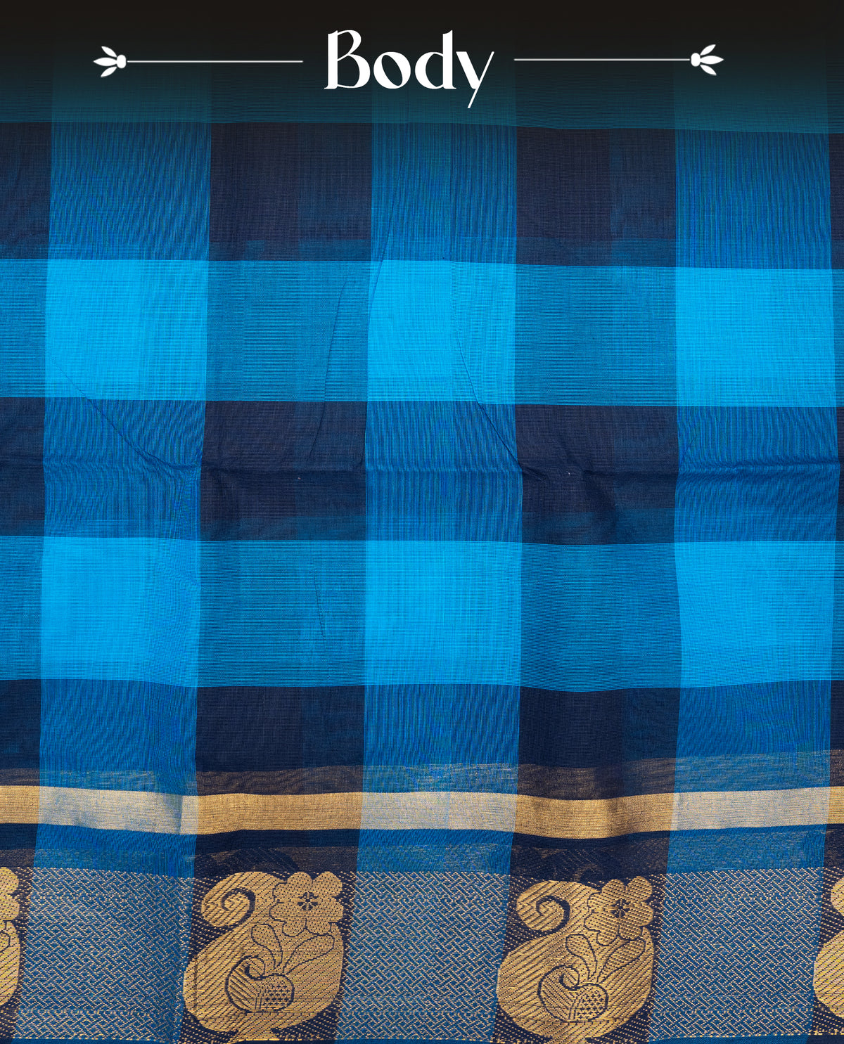 Navy blue & Blue colour chettinad cotton saree featuring check pattern on body, complemented by Self Colour with gold zari border, comes with matching blouse piece.