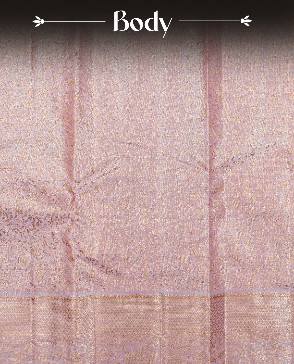 Baby pink colour Semi tissue silk saree featuring gold zari kodi floral motifs on body, Self colour with traditional border, paired with matching blouse piece.