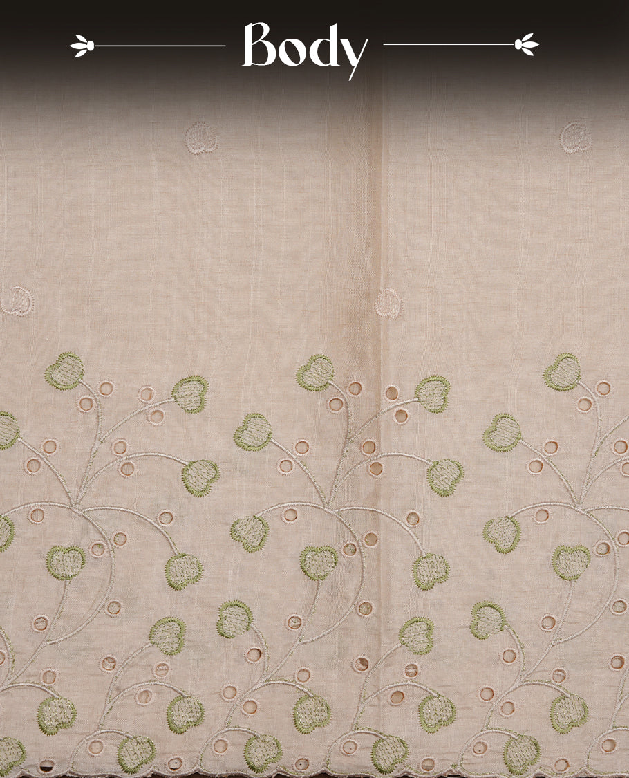 Beige colour Tussar silk saree featuring Elegant plain body, highlighting Green colour thread floral kodi worked scalp border, pallu and paired with matching blouse piece.