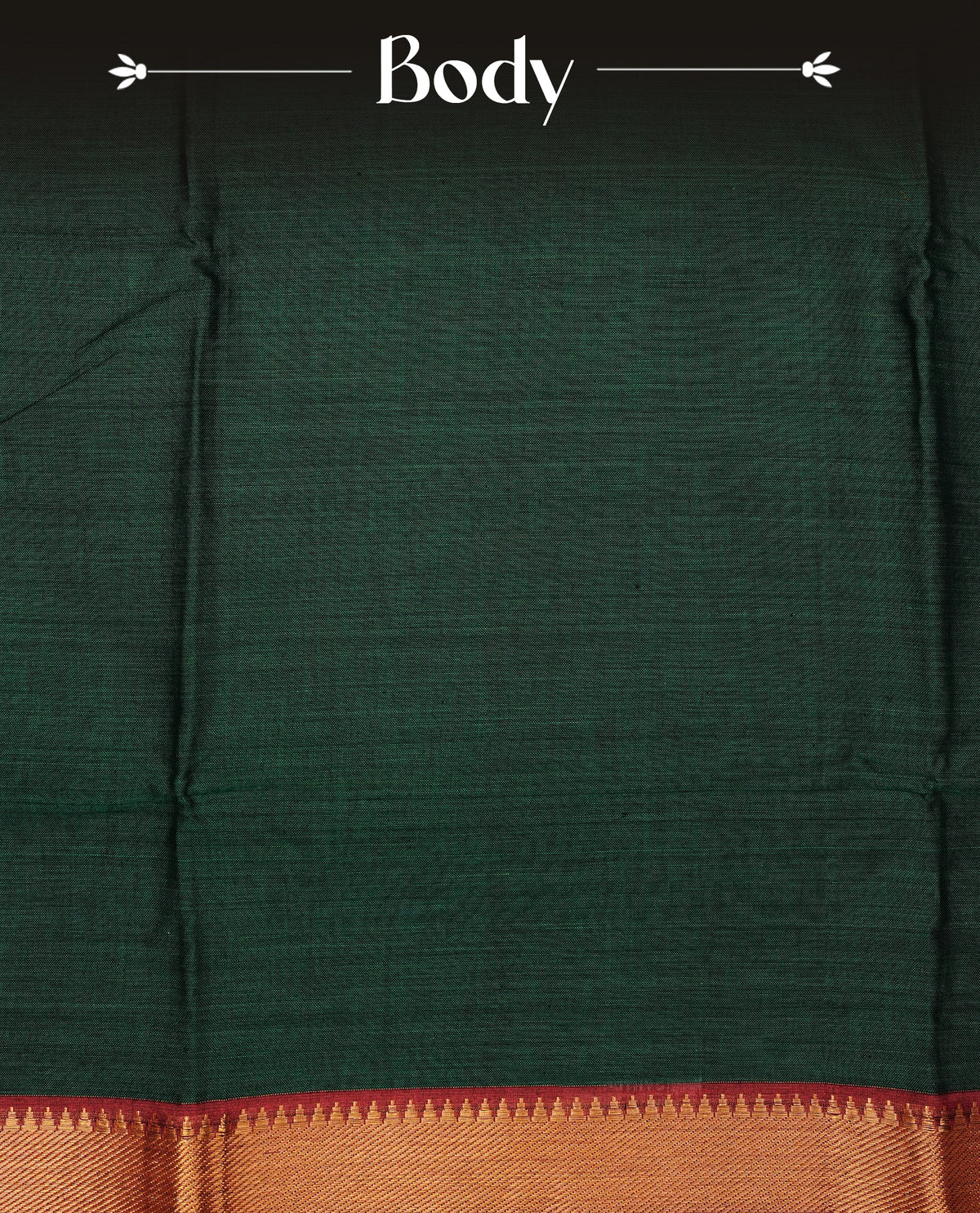 Bottle Green colour Narayanapattu cotton saree with a plain body, complemented by a red colour with Gold Zari border & contrast pallu, paired with a matching blouse piece.